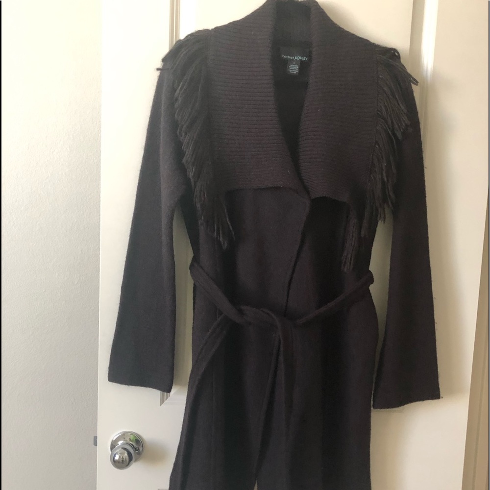 Cynthia Rowley wool fringe cardigan  w waist tie